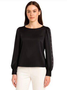 Gap X-Small Black Blouse Semi Sheer Long Double Slit Sleeves with Gold Nailheads